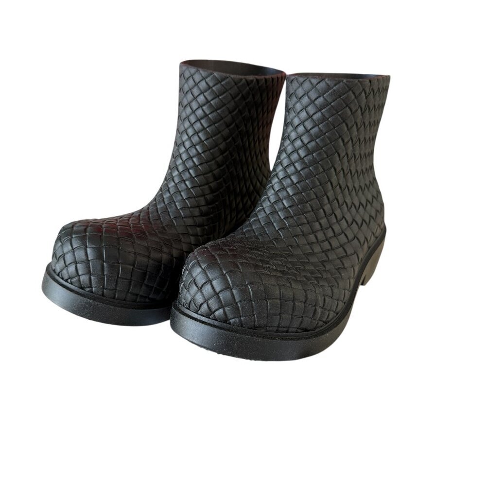 Bottega Veneta 764422 Black Intrecciato Women's‎ Rubber Fireman Boots, 36